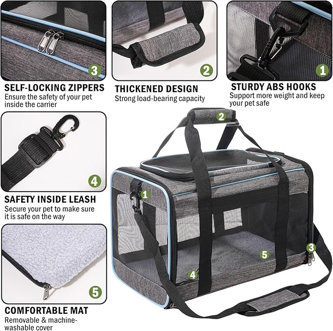 Vivicreate Cat Carrier Airline Approved Soft Sided Pet Carrier for Cats and Small Dogs Portable Travel Cat Bag with Mesh Ventilation Safety Leash and Shoulder Strap up to 15 lbs