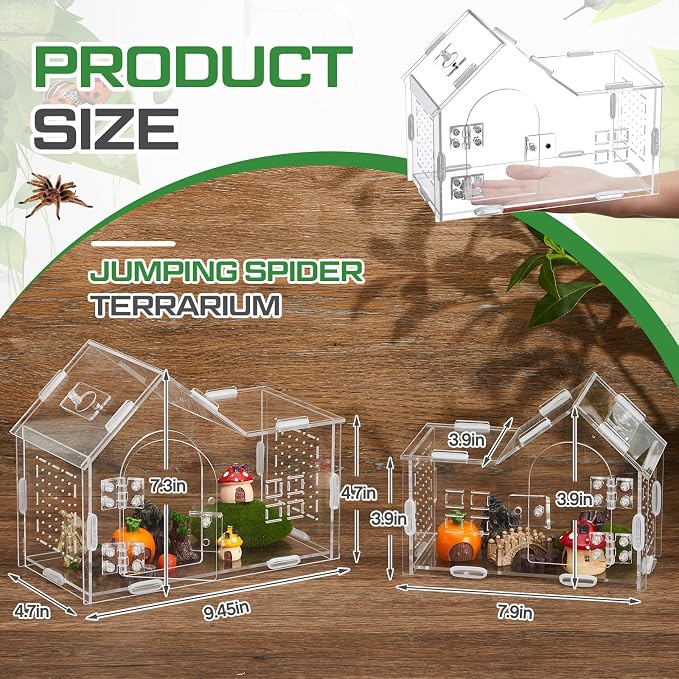 Teenyyou 9.45 x 7.3 x 4.7 Inches Extra Large Jumping Spider Enclosure Acrylic Tarantula Enclosure Reptile Habitat with Handle and Magnetic Door for Reptiles, Amphibians and Spiders