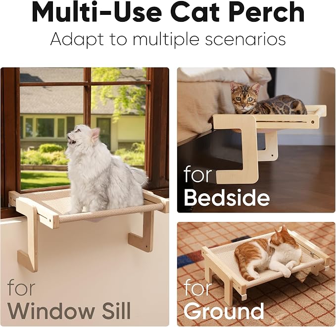 FUKUMARU Cat Window Perch, Sturdy Wood Hammock Window Bed for Indoor Cats | 3-in-1 Convertible Cat Bed for Windowsill, Bedside & Floor, Reinforced Metal Frame Hammock with Washable Linen Fabric