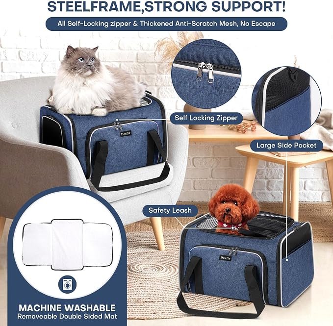Pet Carrier, Large Soft Sided Expandable Travel Carrier with Steel Frame, Anti-Scratch Mesh, Removable Fleece Pad and Pockets for Cats, Dogs and Small Animals up to 15 lbs (Blue, 5 Sides Expandable)