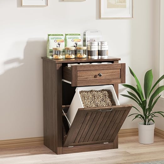 10 Gallon Tilt Out Trash Can Cabinet Drawer Hidden Trash Cabinet Walnut | Cabinet with Drawers for Kitchen, Bathroom and Laundry Room