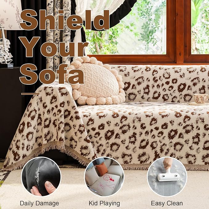 VClife Vintage Couch Cover - Cute Animal Theme Couch Covers for 3-4 Cushion Couch, Soft Chenille Sofa Covers for Dog, Washable Anti-Pilling Furniture Protector for Bedroom Living Room Office