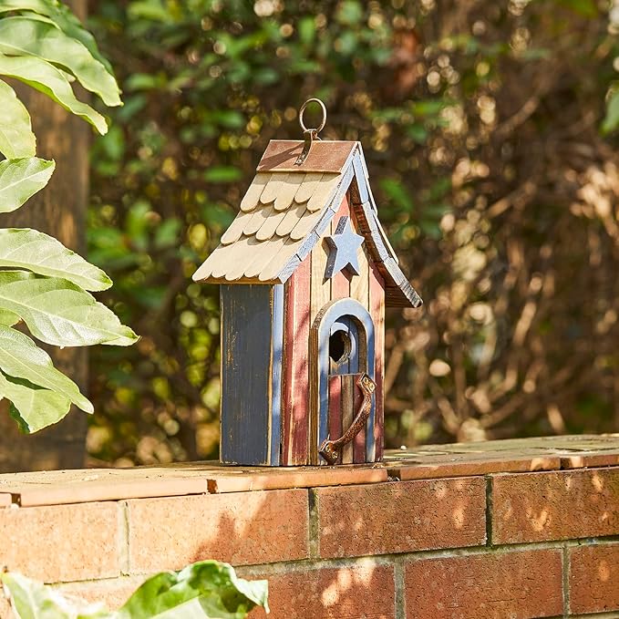 Glitzhome Bluebird House for Outside, Patriotic USA Wooden Hanging Birdhouse Hummingbird House Garden Outdoors Bird House with Door Handle for Hummingbird,Sparrow,Wren Finch,Cedar - 11.75 Inch Height