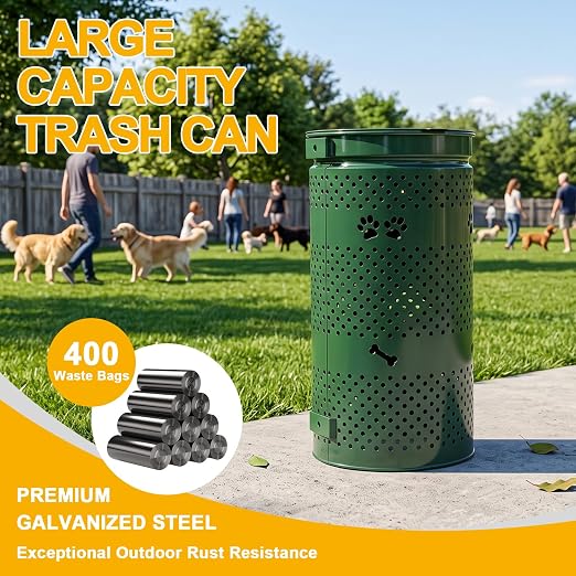 10 Gallon Galvanized Dog Waste Trash Can, Green | Durable galvanized steel pet waste bin with wall post and ground installation options, ideal for parks, yards and communities
