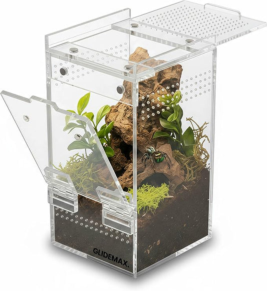 Jumping Spider Enclosure - 3x3x6 Acrylic Tarantula Enclosure Reptile Habitat with Front & Top Magnetic Doors, 0.04" Ventilation Holes Pre-Assembled Terrarium for Spiders, Mantis, Snails, Lizards