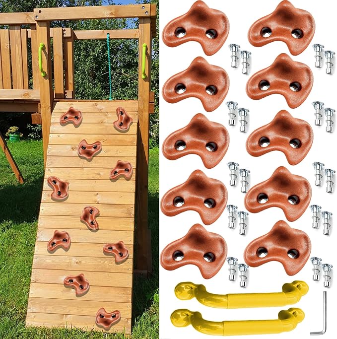10 Rock Wall Climbing Holds Extra Large with 2 Handle,DIY Rock Climbing Grips with Mini Wrench for Indoor Outdoor Playground Play Set(Brown)