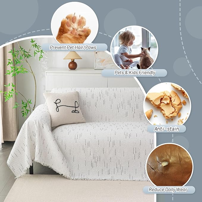 MYSKY HOME Loveseat Cover White Couch Cover Sectional Couch Covers for 2 Cushion Couch Sofa Thick Universal Chenille Sofa Cover with Tassel Durable Furniture Protector for Dogs 91" x 118"