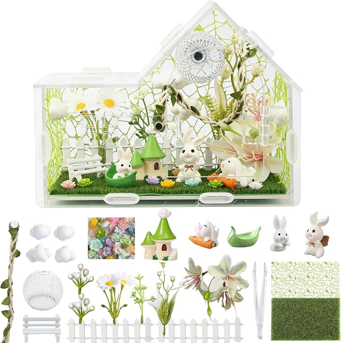 Acrylic Jumping Spider Enclosure Kit 27PCS with Decor | 27-in-1 whimsical set with cloud decor, green house, bunny figurines, ideal for mantis & tarantula