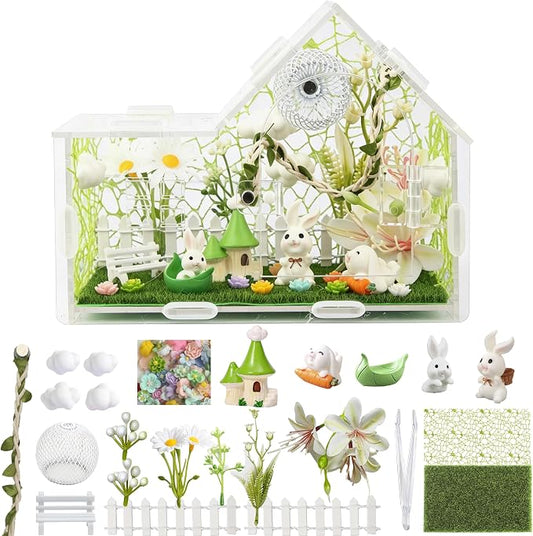 Acrylic Jumping Spider Enclosure Kit 27PCS with Decor | 27-in-1 whimsical set with cloud decor, green house, bunny figurines, ideal for mantis & tarantula