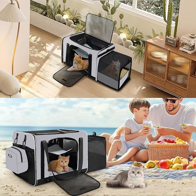 Petskd Side Expandable Extra Large Cat Carrier with Litter Box Area, 24"x17"x17" Soft-Sided Pet Carrier for 2 Cats Under 55 lbs with Zipper Locks for Car Travel(Grey)