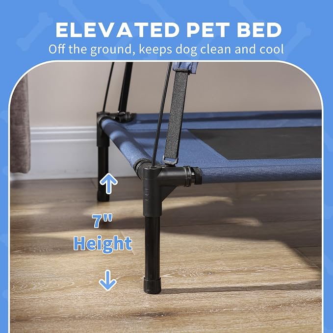 PawHut Elevated Dog Bed with Removable Canopy, Outdoor Dog Cot with UV Protection Canopy Shade, 30 inch Pet Bed for Camping, Dark Blue | Large Pet Bed, Outdoor Dog Cot, UV Protection Shade, Camping