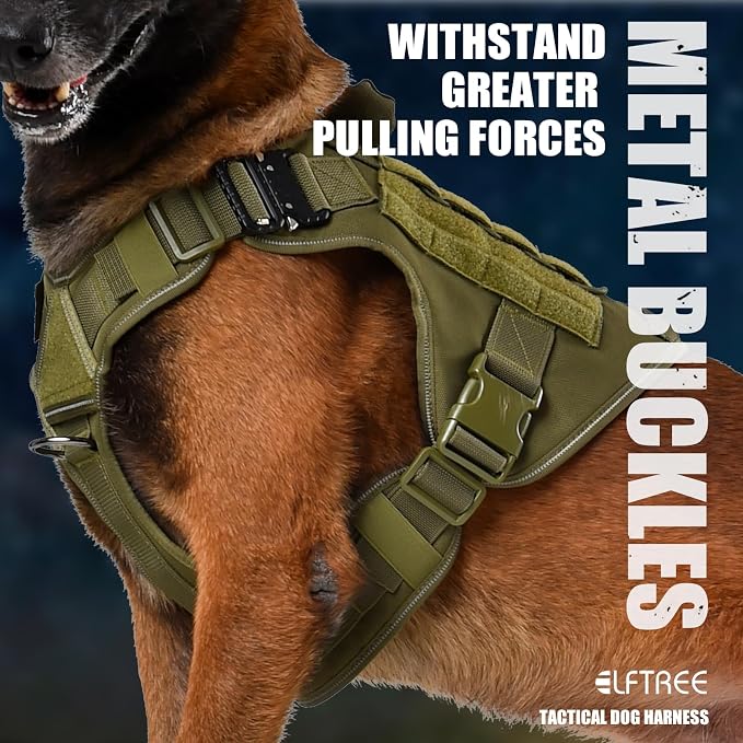 Tactical Dog Harness, Military Reflective Dog Harness | 2X Metal Buckle，Hidden Airtag Holder and Handle, Adjustable No-Pull Service Dog Vest with Molle & Loop Panels