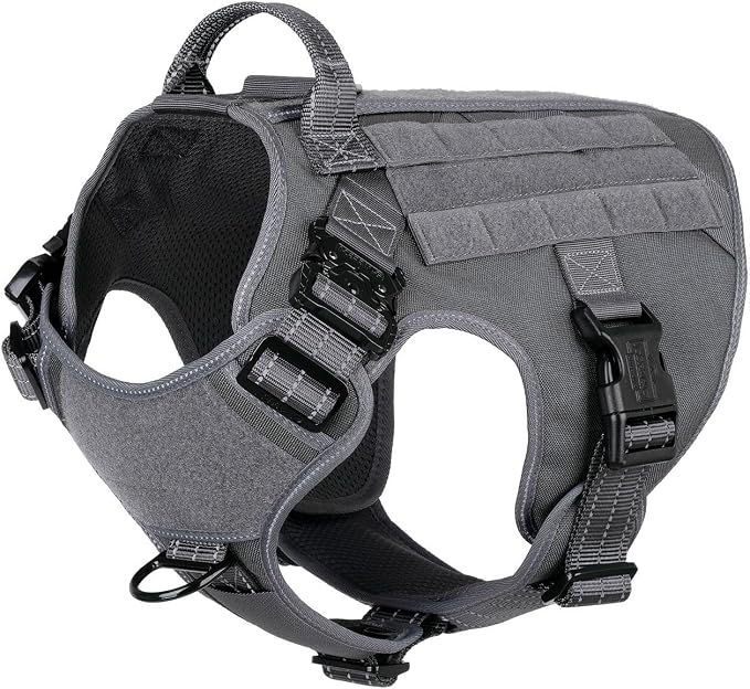 ICEFANG Tactical Dog Harness for Large Dogs,Reflective No Pull Dog Vest | with Control Handle,Adjustable,Front Hook,2 Leash Clips,Soft Padded,MOLLE Panel,Grey,Large