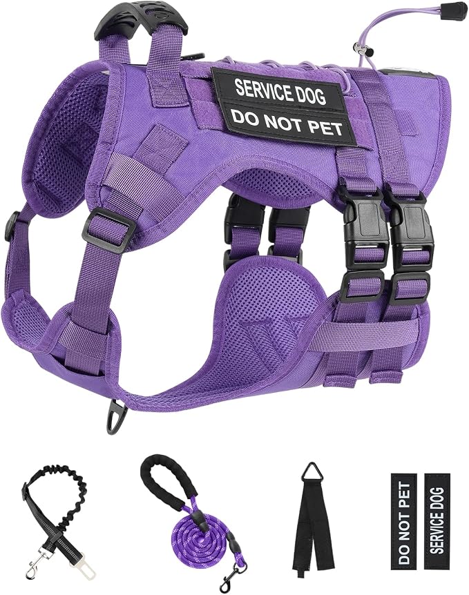 No Pull Tactical Dog Harness for Large Dogs, Service Dog Vest, XL, Purple | Tactical Dog Vest Harness and Leash Set, Adjustable Military Service Dog Harness with Handle for Medium Large Dogs