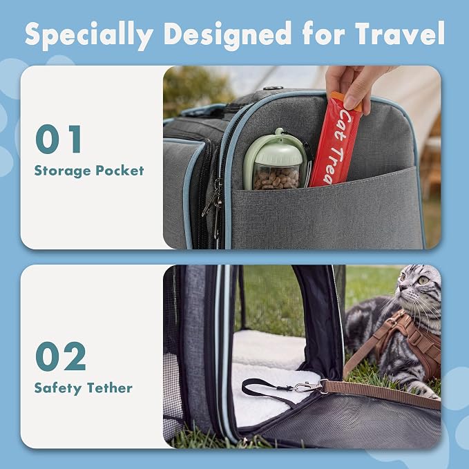 Expandable Cat Carrier for Cats and Small Dogs, Airline Approved Under-Seat with Double-Side Extension, Durable 600D Fabric Internal Frame, Ventilated with Safety Leash, Blue