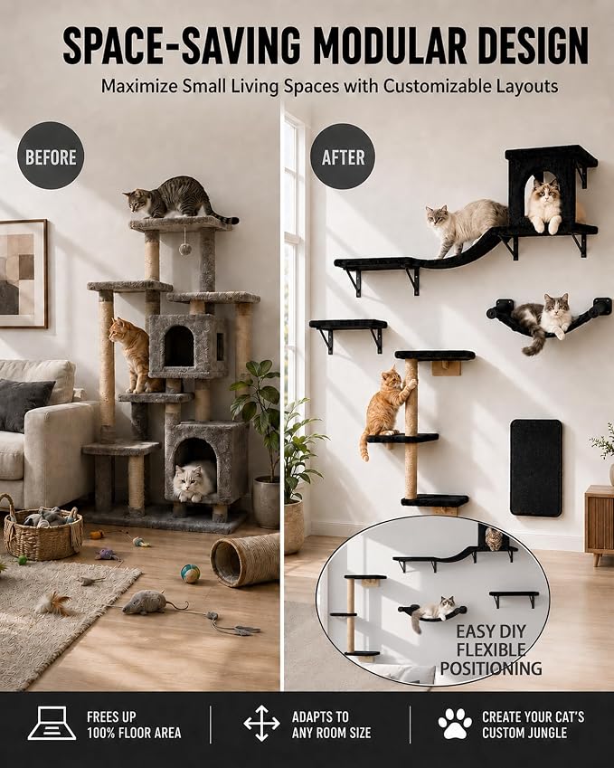 Wall Mounted Cat Furniture Combo of 5, 5 in 1 Cat Shelves with Hammock, Bridge, Climbing Tree, Scratcher & Perch – Indoor Wall Cat Playground for Large Cats, Holds Up to 30 lbs,