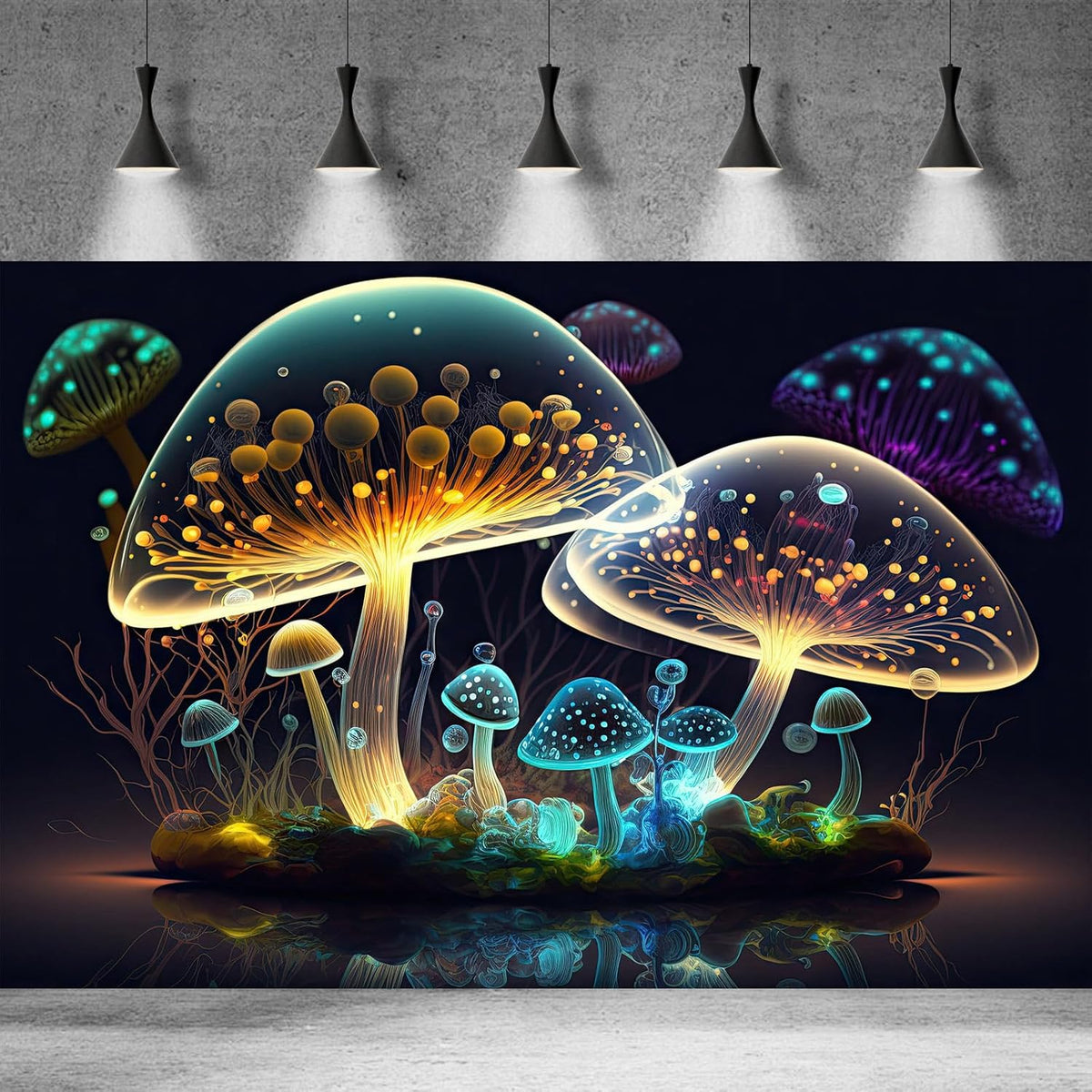 Mushroom Aquarium Background Abstract Glowing Fantasy Mushrooms Terrarium Background Mysterious Forest Magical Night In Circle Shape Crystal Glass Fish Tank Backdrop Decorations Vinyl 30x12in
