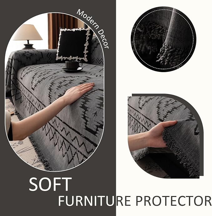 VClife Couch Cover Sofa Cover Washable Sofa Protector, Non Slip Couch Covers for 3 Cushion Couch Sofa Modern Tribal Pattern Sofa Slipcover Dog Furniture Protector, Soft Chenille, Dark Gray, 71"X134"