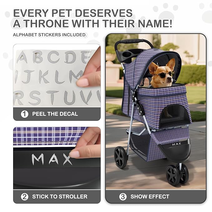 MoNiBloom Pet Stroller for Small/Medium Dogs and Cats up to 33 lbs, Plaid | Foldable 3 Wheels Pet Strolling Cart w/ Storage Basket Weather Cover Cup Holder, Breathable and Visible Mesh for All-Season