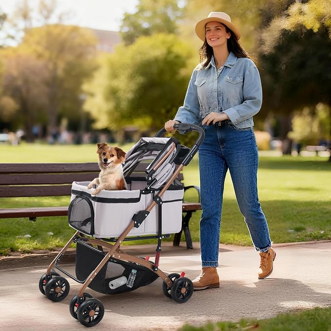 3-in-1 Foldable Pet Stroller for Small Dogs & Cats - Detachable Carrier, Car Safe Car Seat, Large Storage Basket (Grey)