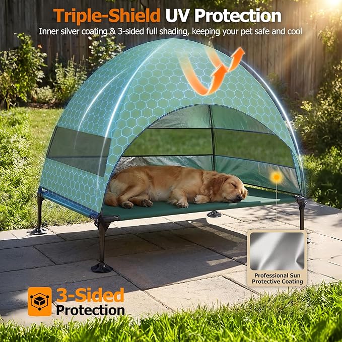 Elevated Dog Bed with UV-Proof Canopy, Outdoor Dog Tent with Powerful Adjustable Feet, Portable Pet Cot with Wider Shade, Raised Cooling Bed for Camping, Patio, Beach, Poolside