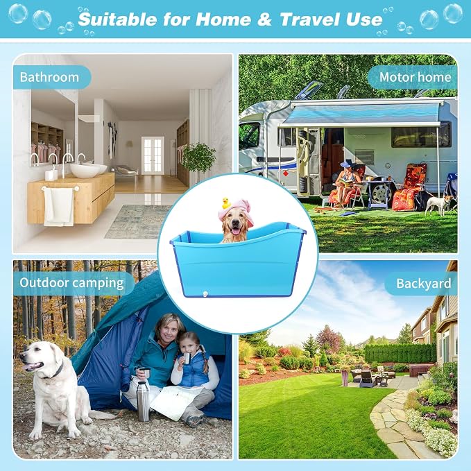YUEPET Dog Bathtub for Large Dogs, 49 Gallon Foldable Bath Tub, Blue | Bathtub for Dogs, Extra Large Dog Fit, PP & TPE Build, Drain Plug and Hose, Folds for Storage, Blue