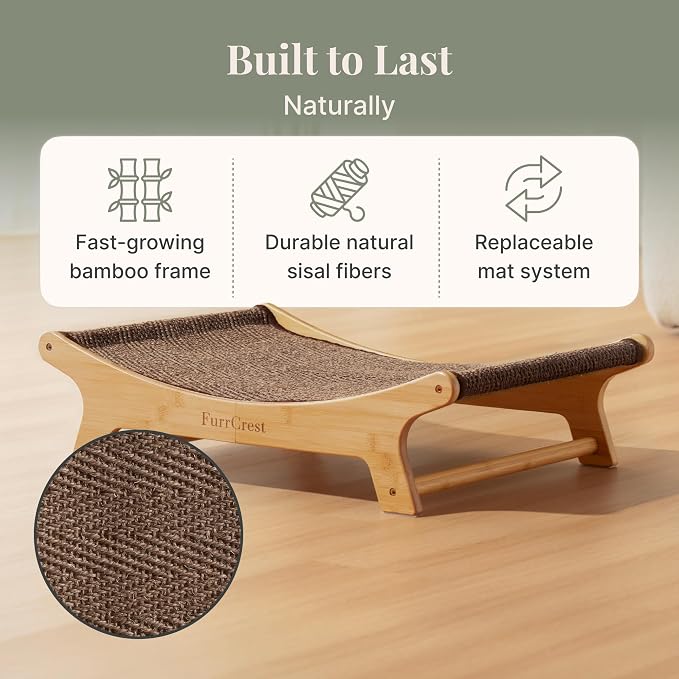 XL Sisal Cat Scratcher Bed with Elevated Hammock for Indoor Cats, Replaceable Natural Sisal Pad, Large Cat Lounge, Anti-Slip No-Wobble Bamboo Frame, Dark Brown Chevron