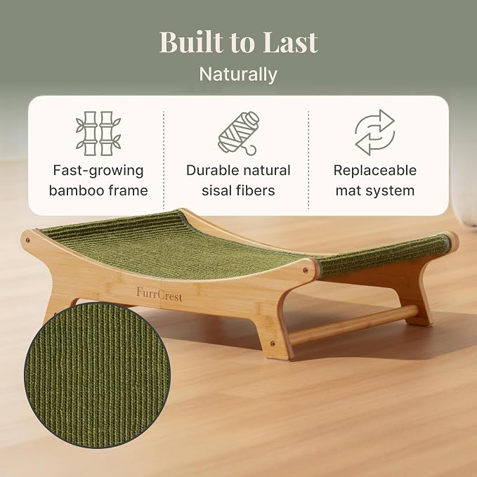 XL Sisal Cat Scratcher Bed with Elevated Hammock for Indoor Cats, Replaceable Natural Sisal Pad, Large Cat Lounge, Anti-Slip No-Wobble Bamboo Frame, Olive Green