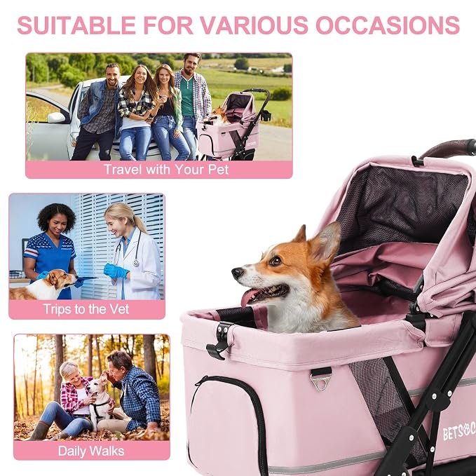 No-Zip Pet Stroller for Small Dogs & Cats, 44 lb, Pink | No-Zip Canopy, 44 lb Capacity, Reflective Trim, 2 Tethers, Lockable Front Wheels, Rear Brake and One-Hand Fold