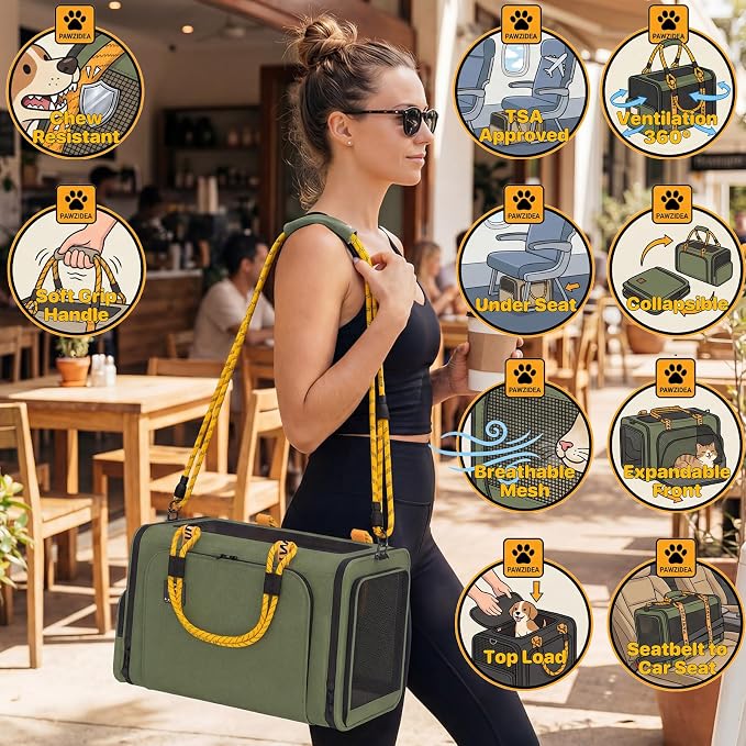PAWZIDEA Expandable Pet Carrier Airline Approved, 18"×11"×11" Small Dog Carriers, Collapsible Top-Load Cat Carrier for 2 Cats Under Seat, Soft-Sided Puppy & Animal Travel Bag, ID Card, Up to 15lbs