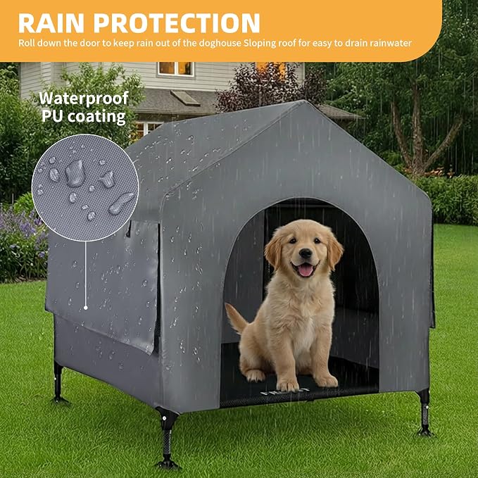 Dog House, 36” Large Dog House Outdoor Indoor Elevated Dog Cot Bed | 2-in-1 Outside Dog Tent Shade, Three-Sided Breathable Mesh Windows, Easy to Install, Waterproof Canopy, Non-Slip Feet