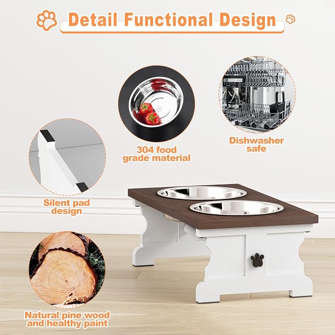 Piskyet Elevated Dog Bowls,Dog Bowl Stand, 3.5Cups6''H_30 oz Bowl-Farmhouse | Farmhouse Dog Bowls Stand, Raised Dog Bowl with 2 Stainless Steel Wooden Dogs Bowls for Small Size Dogs