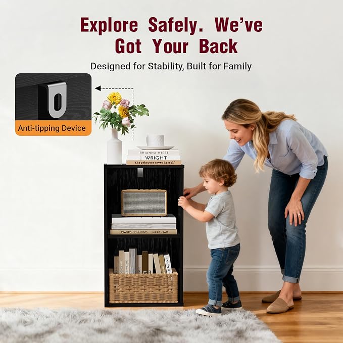 Book Shelf, Wooden Cube Storage Organizer with 11" Open Cubes, Stackable Modular Bookcase for Room Divider Storage, 2 Tier Bookshelf for Living Room, Bedroom, Office (Black, 2-Cube)