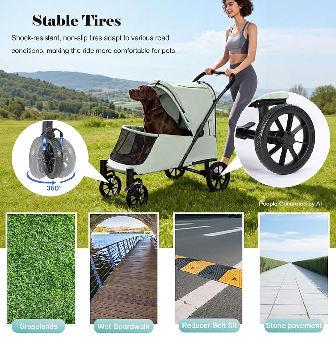 Pet Stroller with Ramp for Large Dogs up to 132lbs, Large Pet Gear for Multiple Dogs/Cats, All-Terrain with Mesh Dual-Window & NO-Zip, Removable Mattress & Slope Pad(Lake Green)