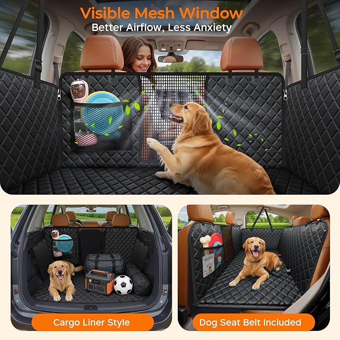 URPOWER Hard Bottom Dog Car Seat Cover, Back Seat Extender with Blanket | 2 in 1 Design, Non-Slip Blanket, 400 lbs Support, 40% More Space, Waterproof, Fits Cars & SUVs, Mesh Window, Easy Care