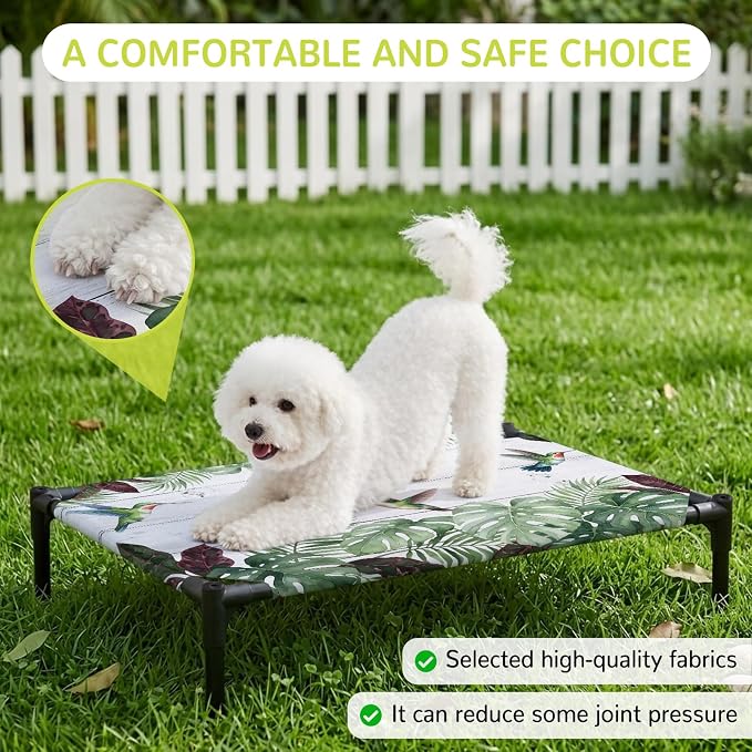 Outdoor Elevated Dog Bed for Large Dogs, Summer Hummingbirds Breathable Cooling Raised Dog Cot for Indoor/Outdoor, Tropical Palm Leaves Farmhouse Wood Waterproof Elevated Pet Beds, L 28 x 22 in