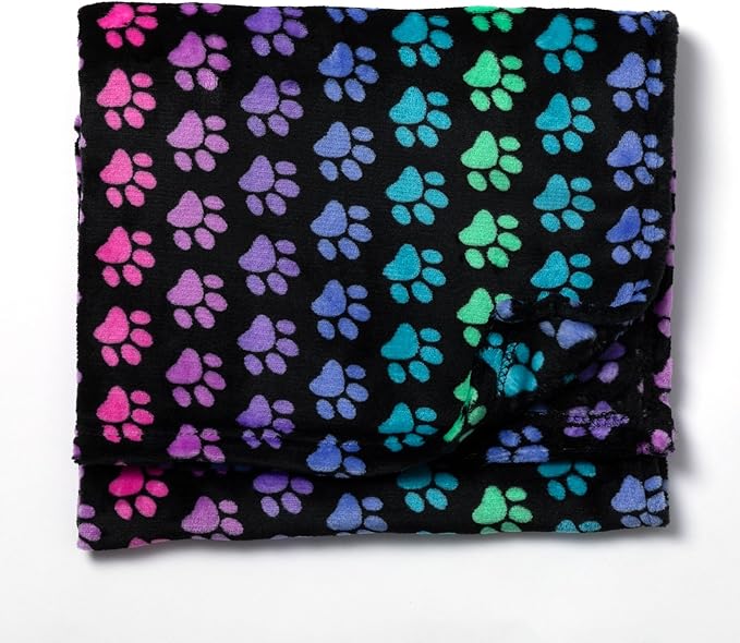 Pet Dog Cat Blanket Ultra Soft Cozy Fleece Paw Print Design Machine Washable Durable for Crates Beds Sofas Travel (Rainbow Paws, Large)