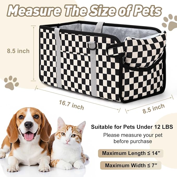 Console Dog Car Seat for Small Dogs, Foldable Booster Seat, Black Checkered | Portable Booster Seat Sits On Car Console/ Armrest. Foldable for Easy Storage. for Center Console, Easy To Clean.