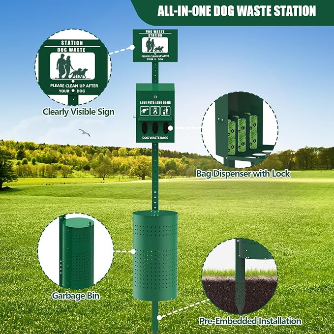 Dog Waste Station, 11.5 Gallon Pet Waste Station with Lockable Dispenser, Outdoor Poop Station with Bags & Liner, Heavy Duty Station for Apartments, Parks & Yard