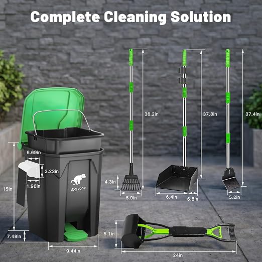 Dog Poop Trash Can Outside - 20L/5Gal Pooper Scooper Sets and Spade, Green | Outdoor Trash Can with Lid, Inner Bucket, Dog Poop Scooper Set, Metal Tray, Rake and Spade, 100 Trash Bags & Storage Box