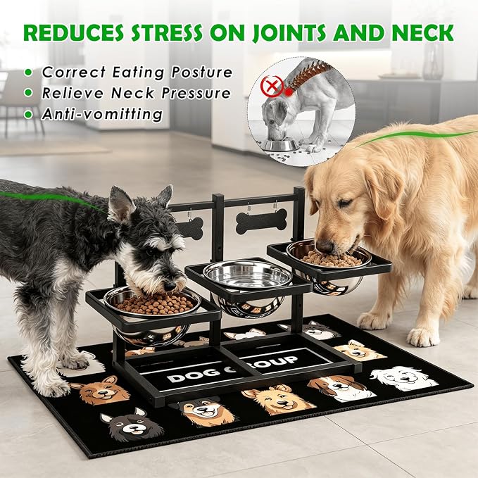 SHAINFUN Elevated Dog Bowls for Medium/Large Dogs with Mat, 6 Height Adjustable Raised Dog Bowls, Three Large 58oz Food Water Stainless Steel Bowls