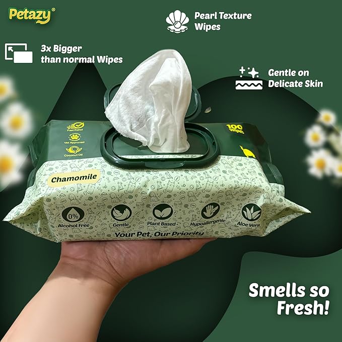 Petazy 400 Dog Wipes for Paws and Butt Ears Eyes | XL 8x8 Natural Pet Wipes for Dogs | Chamomile Dog Wipes Cleaning Deodorizing | Extra Thick Paw Wipes for Dogs Cats Pets | 4 Bonus Glove Wipes
