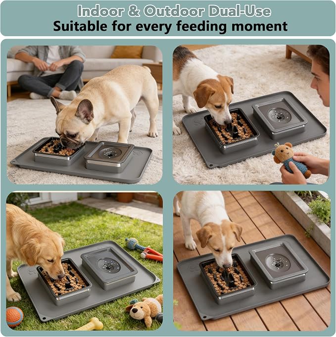 Dog Bowl Set, No Spill Dog Water and Food Bowl with Slow Feeder | Large Capacity 304 Stainless Steel Bowls, 3-In-1 Set, Slow Drinking, Anti-Slip Mat, Easy to Clean, Home/Travel, 6-7 Cups