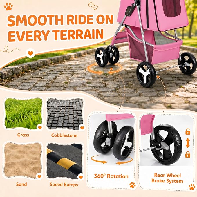 ZENY Foldable Pet Stroller, Cat/Dog Stroller with 4 Wheel, Pet Travel Carrier Strolling Cart with Storage Basket, Cup Holder (Pink)