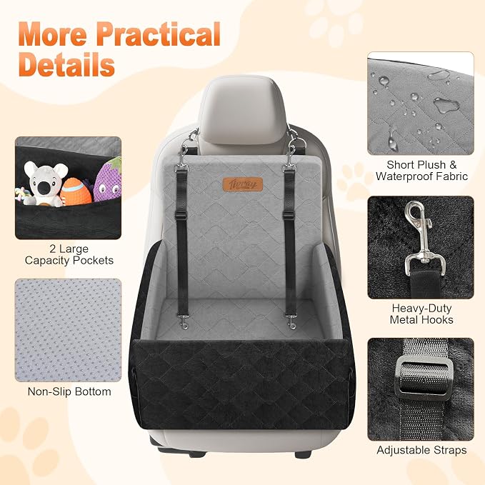 Elevated Dog Car Seat for Small and Medium Dogs Up to 35 lb | 4" High-Density Foam Dog Car Bed, 2 Storage Pockets,3 Safety belts,Fully Removable and Washable for Easy Care,Black+Gray