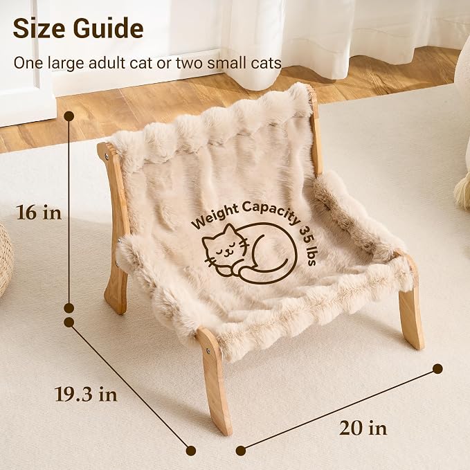 Solid Wood Cat Couch Bed for Indoor Cats, Modern Cat Sofa with Ultra-Soft Plush Surface Washable, Reclined Backrest, Elevated Plush Cat Lounge for Small to Adult Cats, Soft Khaki