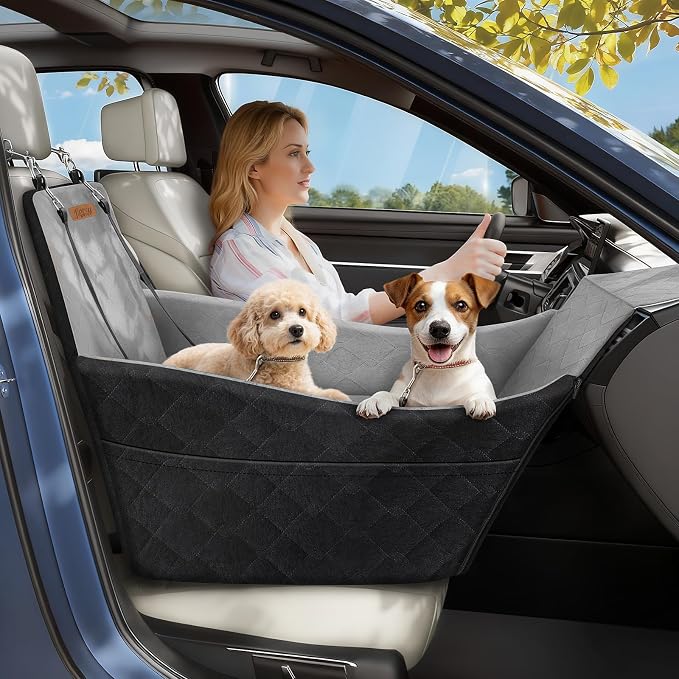 Elevated Dog Car Seat for Small and Medium Dogs Up to 35 lb | 4" High-Density Foam Dog Car Bed, 2 Storage Pockets,3 Safety belts,Fully Removable and Washable for Easy Care,Black+Gray