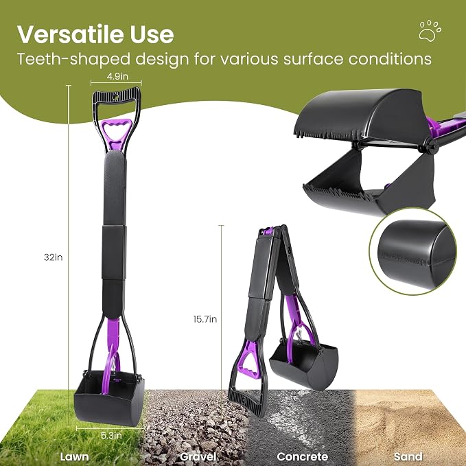 32in Dog Pooper Scooper with Bag Attachment, Foldable Long Handle | Thickened ABS dog scooper for large dogs. Features curved grip, jagged teeth, 120 bags, clip & extra 2x springs/buckles.