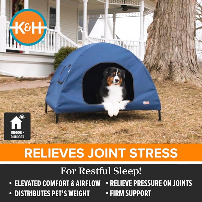 K&H Elevated Dog Bed, Outdoor Pet Cot House for Large Pets - 42x30in Blue | Outdoor Raised Dog Bed House, Enclosed Canopy, Window Flaps for Air Flow, Washable Cover, Raised Metal Frame, Collapsible