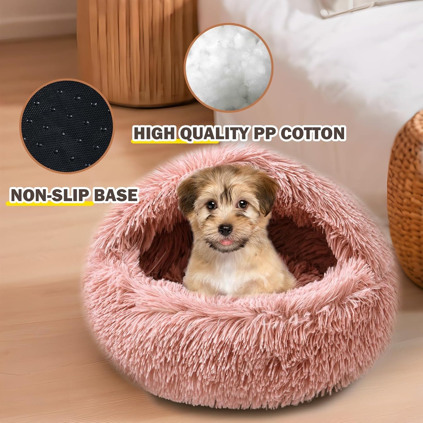 Cat Bed for Indoor Cats, Calming Cozy Cave with Self-Warming Plush, Entire Bed Machine Washable & Anti-Slip Base, Breathable Pet Bed for Small Cats&Dogs All Seasons (Leather Pink, 20 * 20inch)
